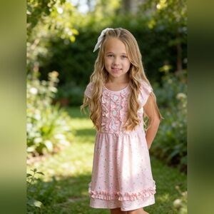 Adorable Sweetness Pink Blush Dainty Flower Button Ruffle Spring Dress Sz 10/12